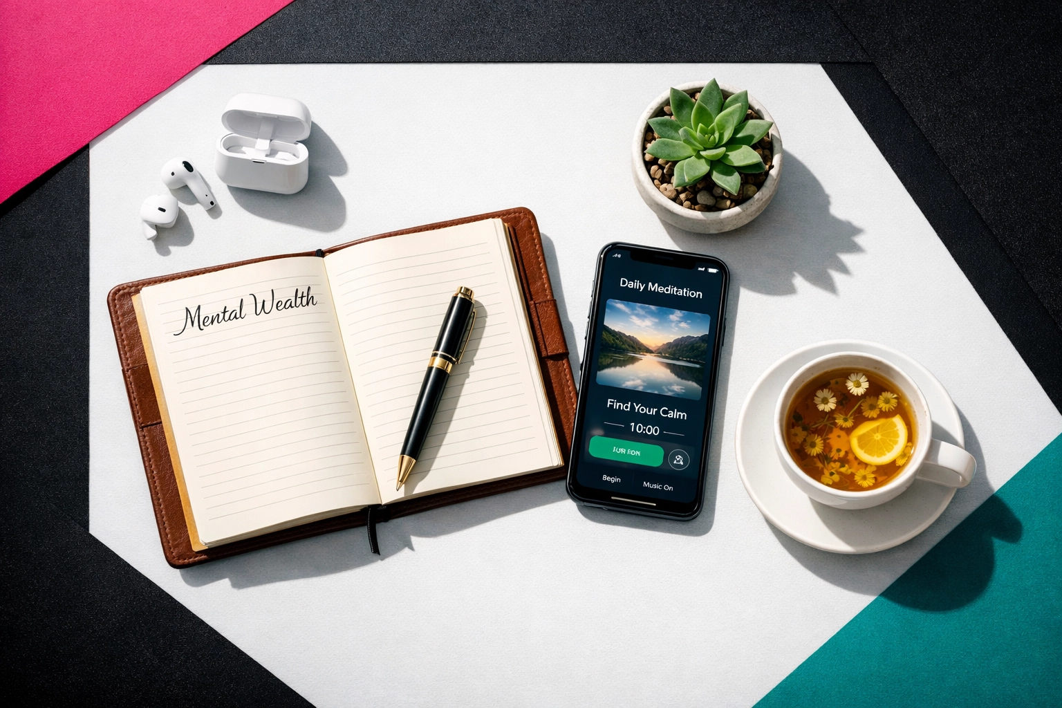 Mental health tools including journal, meditation app, and wellness items