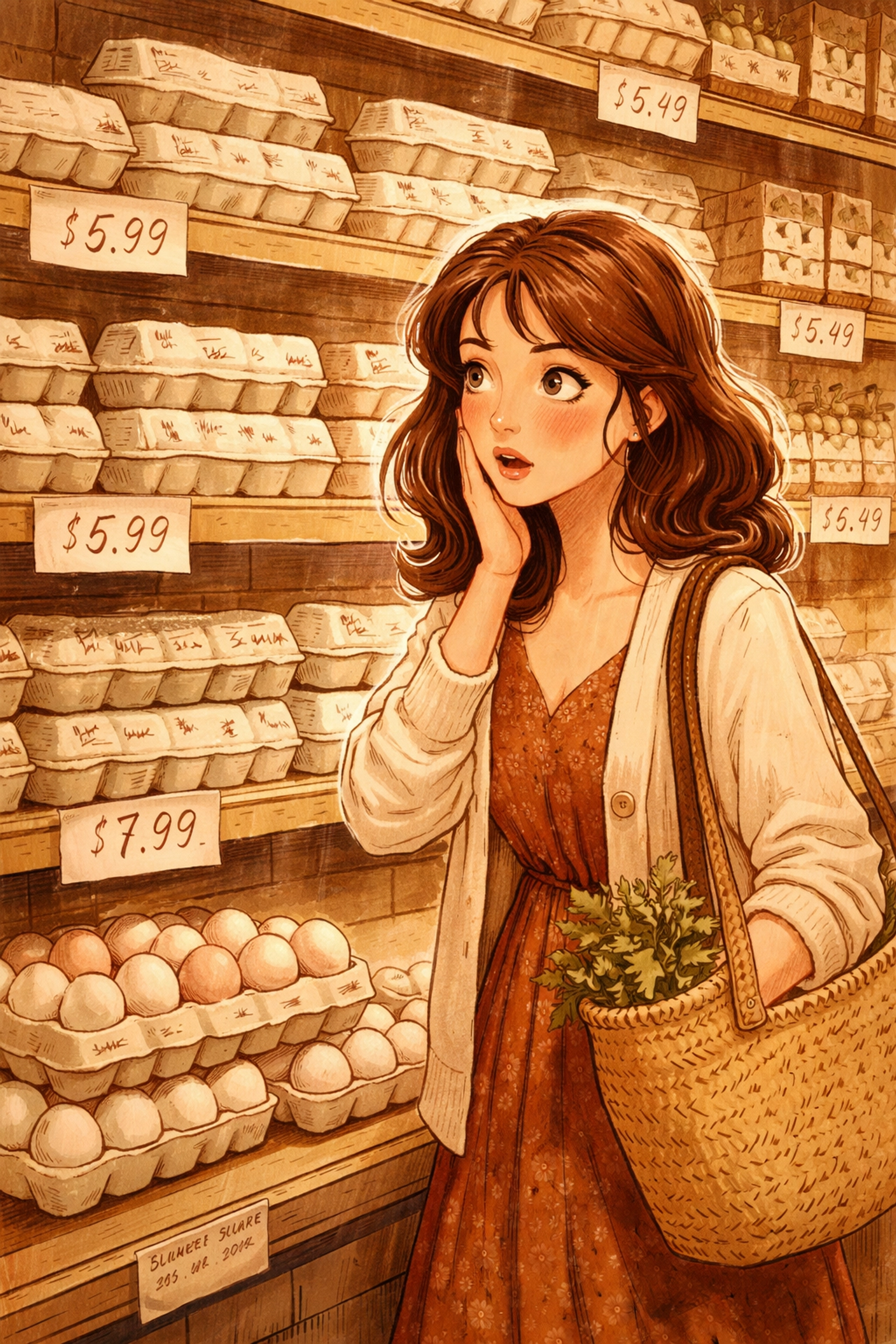 Woman surprised by high grocery store egg prices, illustrating rising costs versus local farm fresh eggs