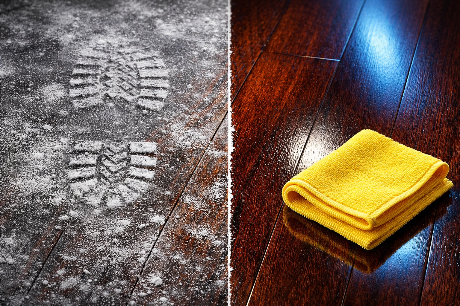 Before and after post construction cleaning Maynard on a dusty mahogany floor with a clean shine.