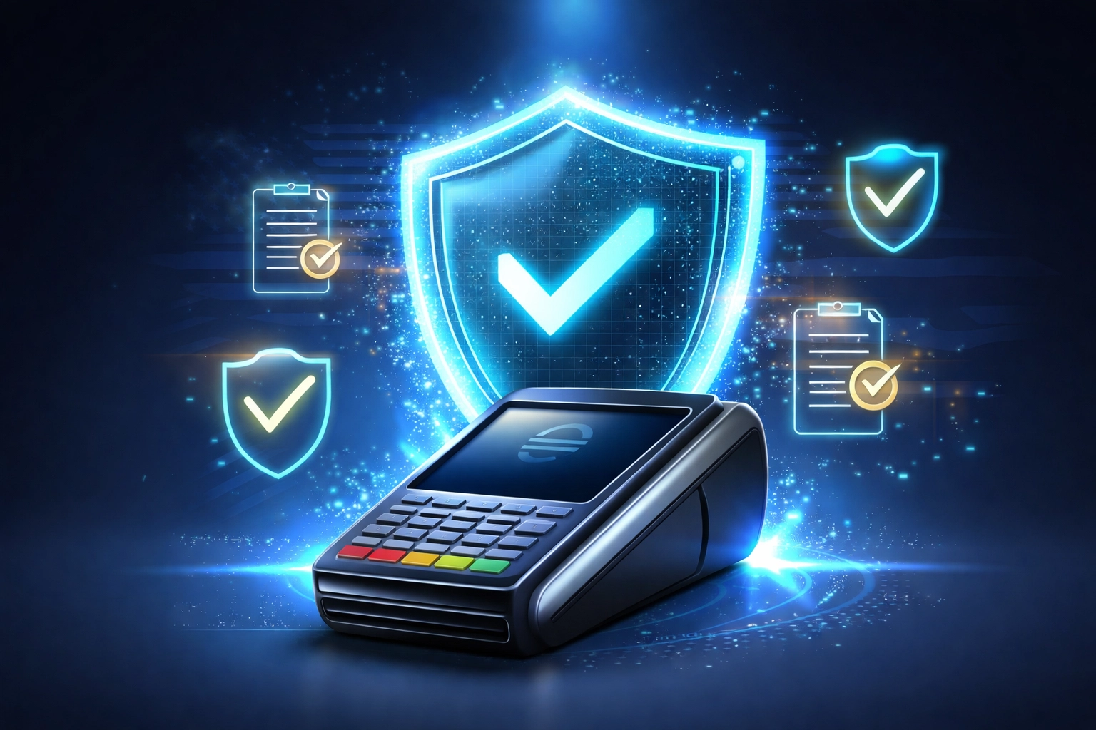 Digital shield protecting crypto POS terminal symbolizing US compliance and MSB registration for merchants