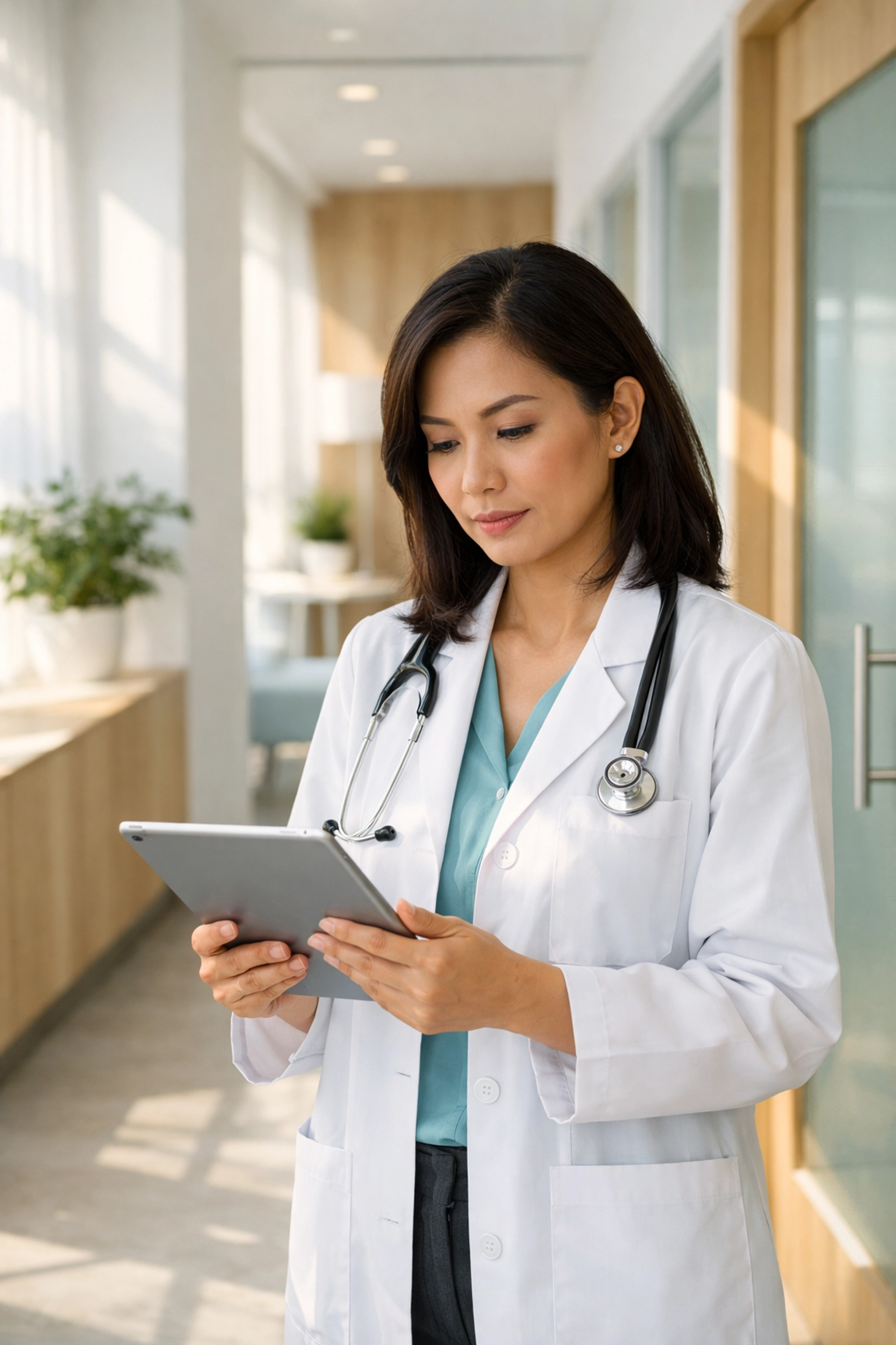 Physician reviewing clinic data on a tablet, illustrating the need for financial clarity in a growing medical practice.