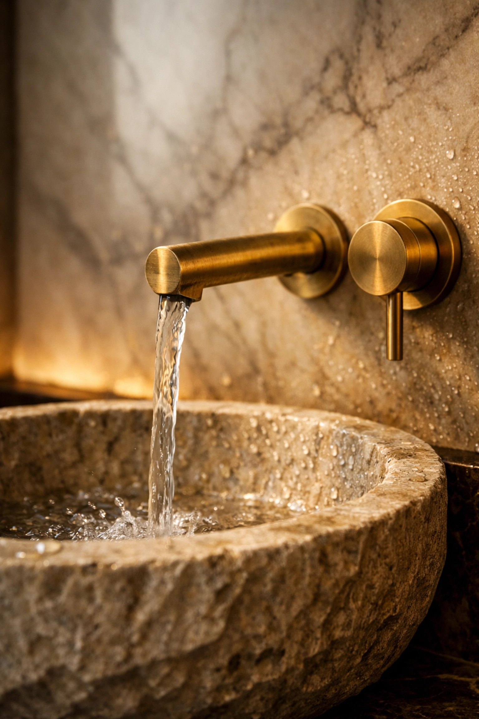 Close-up of luxury bathroom fixtures showing a brushed brass tap and carved limestone sink with soft lighting.