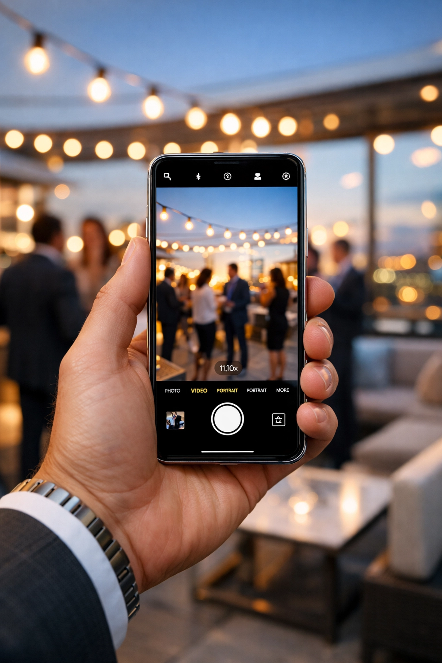 Executive using a smartphone to capture networking moments at a high-end rooftop event.