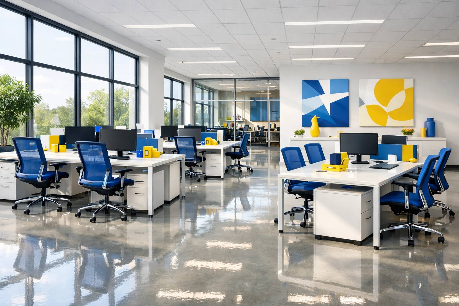 A sparkling clean and organized open-plan workspace after a professional Burlington office cleaning.