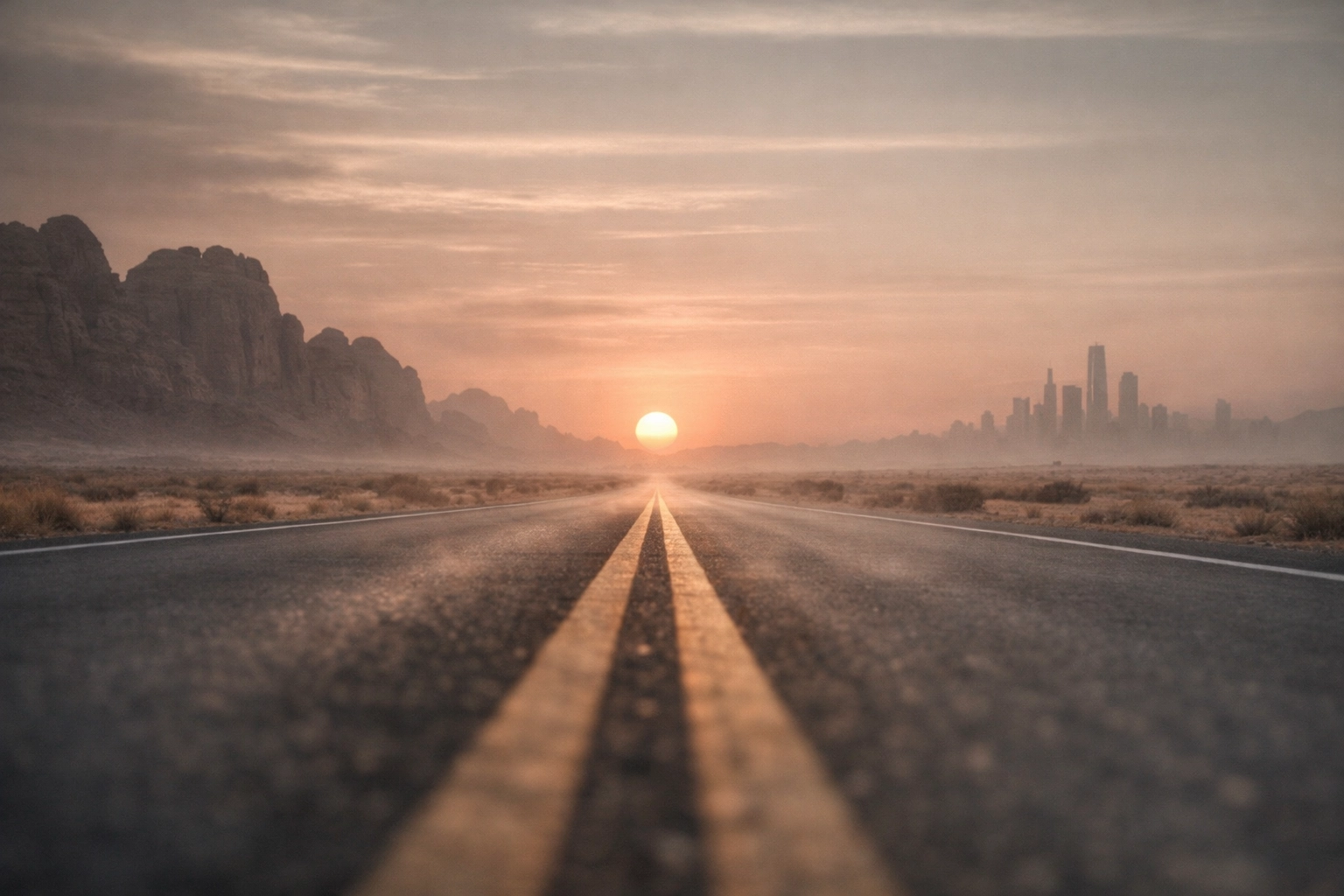 A desert highway at sunset representing the strategic business bridge between Amman and Las Vegas markets.