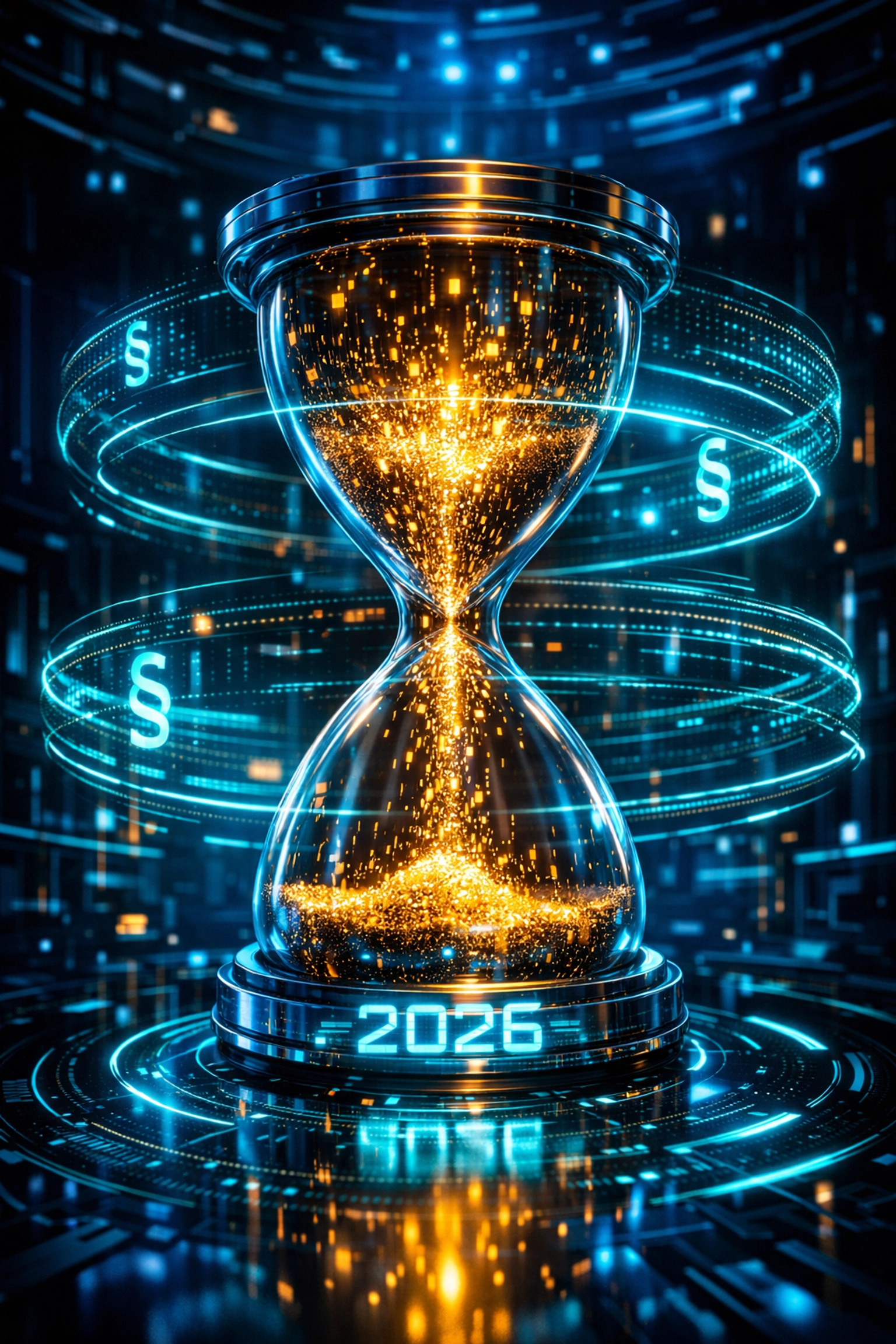 Digitale Sanduhr verdeutlicht Fristen des EU AI Acts für Unternehmen bis August 2026.