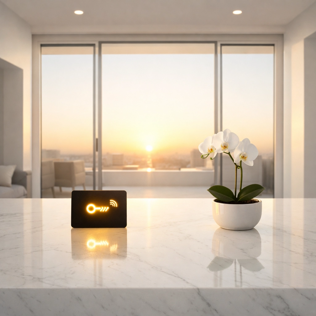 Modern apartment interior with a key card, representing reliable Airbnb customer service and hospitality.