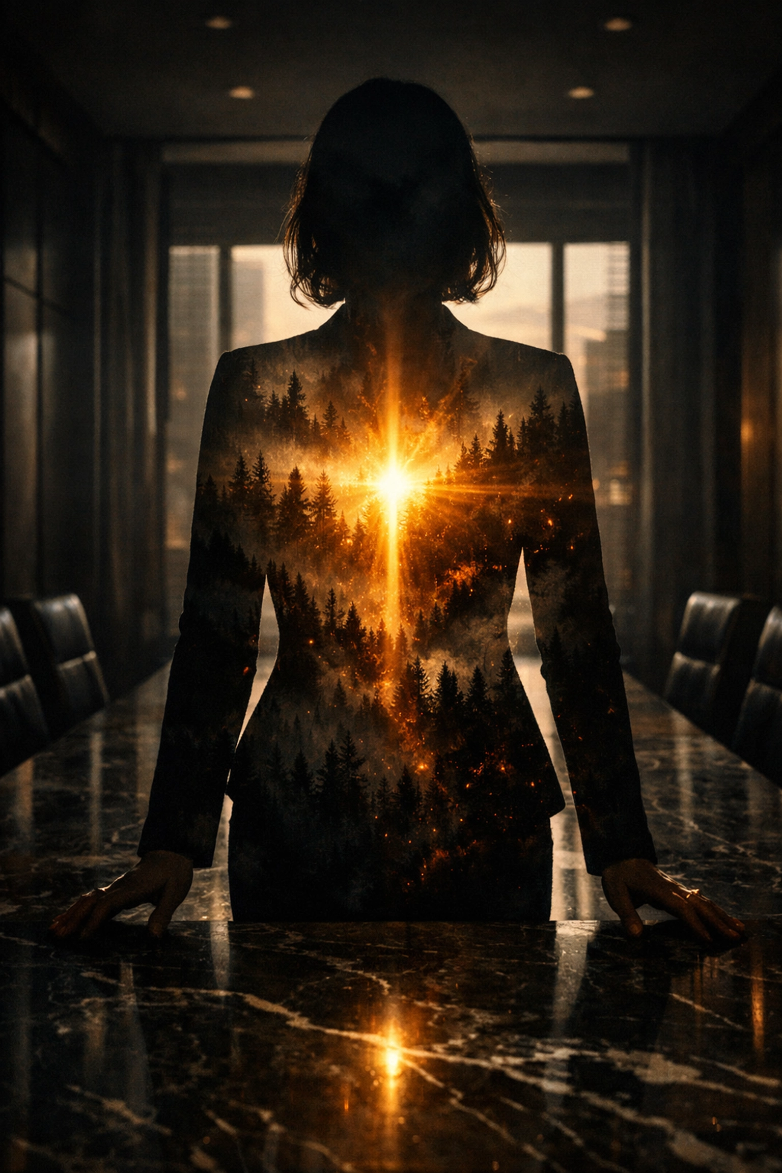 Female entrepreneur practicing shadow work in the boardroom to lead from her inner depths and soul.