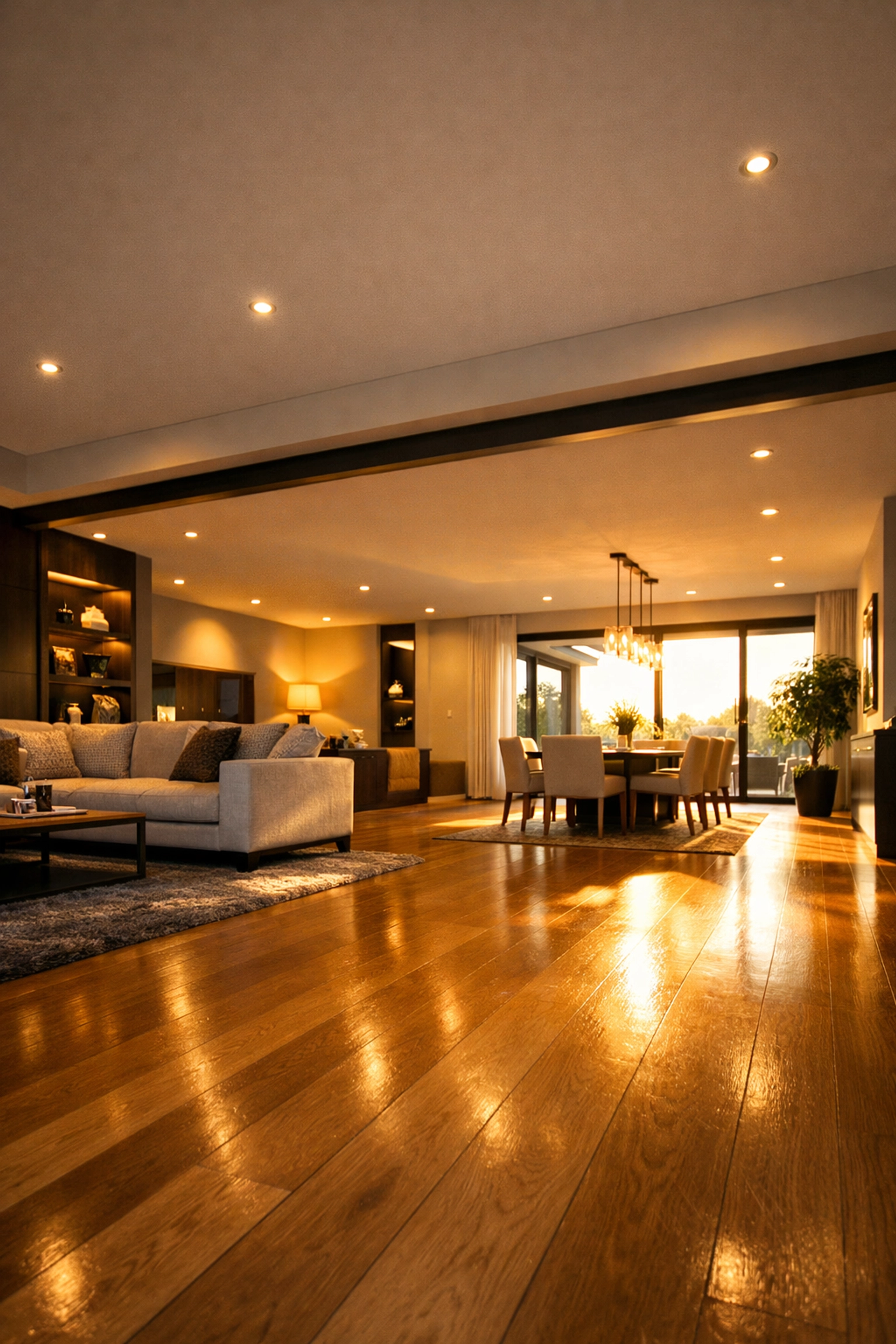 Modern open-plan living room created by installing a structural steel beam in a home renovation.
