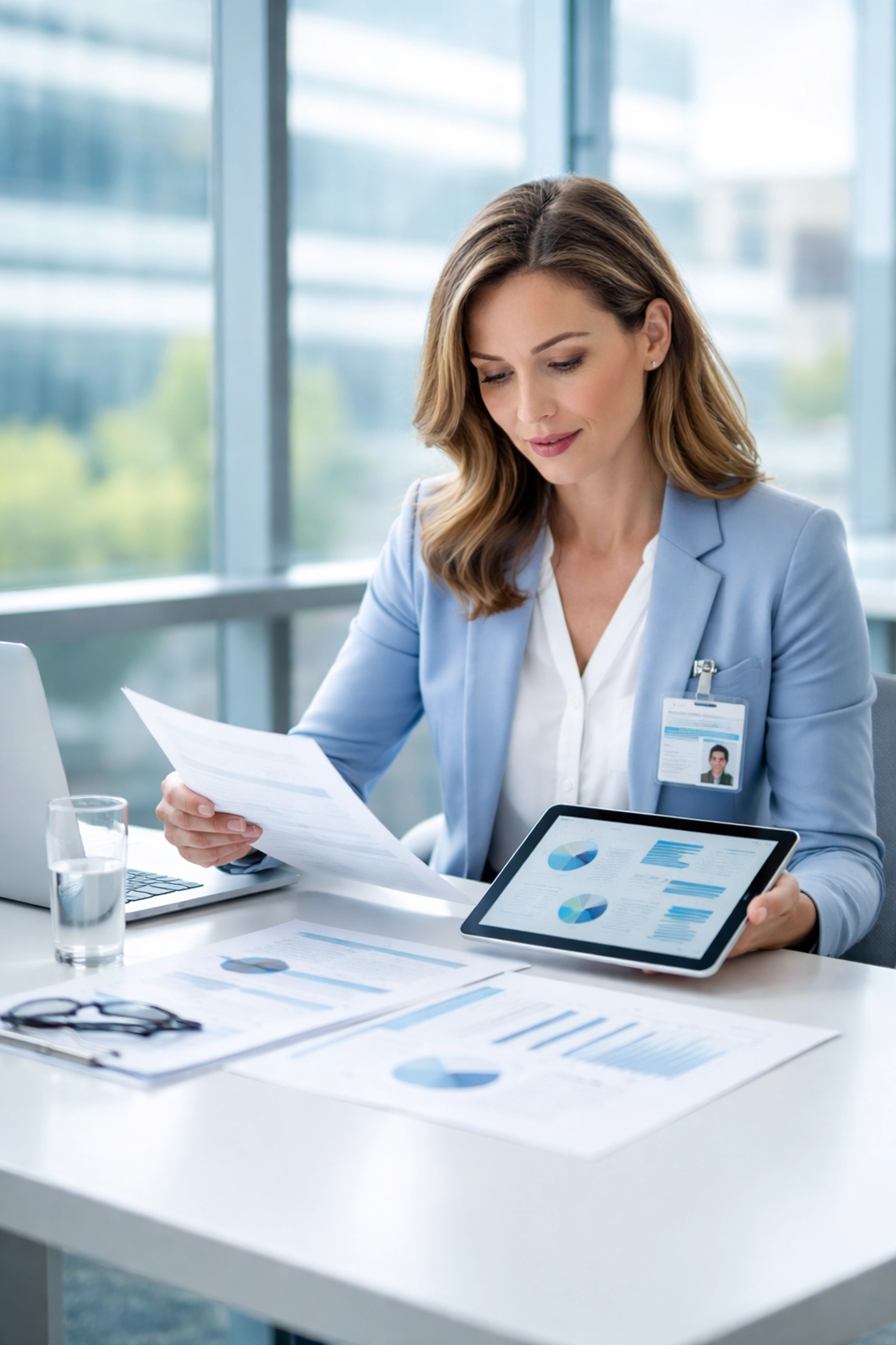 Healthcare administrator analyzing ASC accreditation documents and charts in a professional office setting
