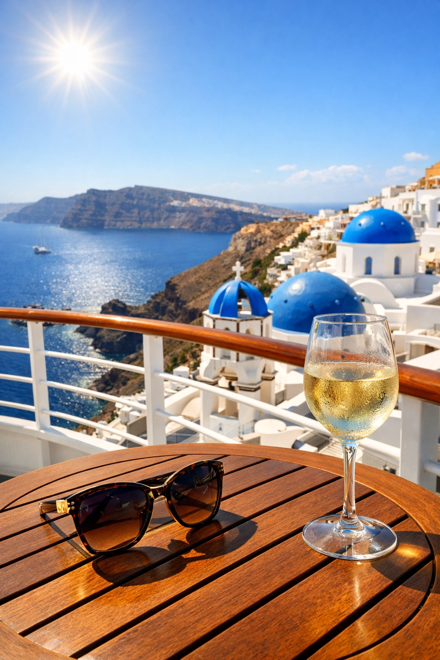 View from a cruise ship balcony overlooking the iconic blue domes of Santorini, Greece.