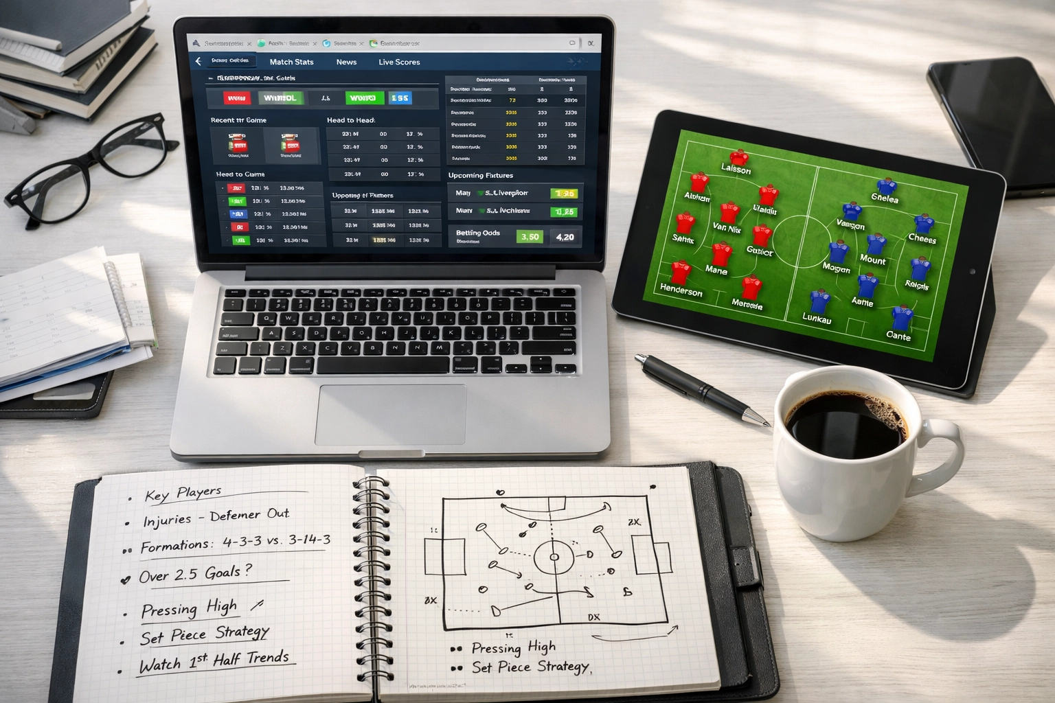 Sportwetten Recherche Arbeitsplatz mit Statistiken, Laptop und Notizen für erfolgreiche Wettanalyse