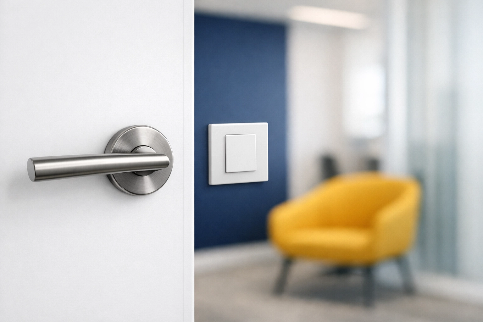 Disinfected door handle and light switch showcasing high-touch surface hygiene for office cleaning in Bedford.