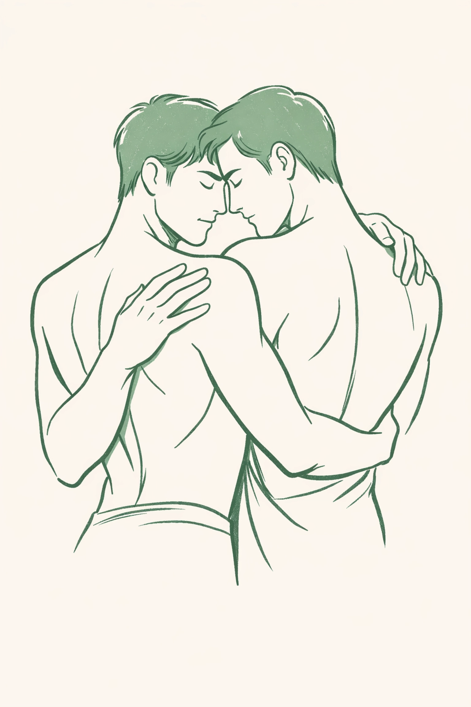 Two men in intimate dance embrace showing emotional connection in gay romance illustration