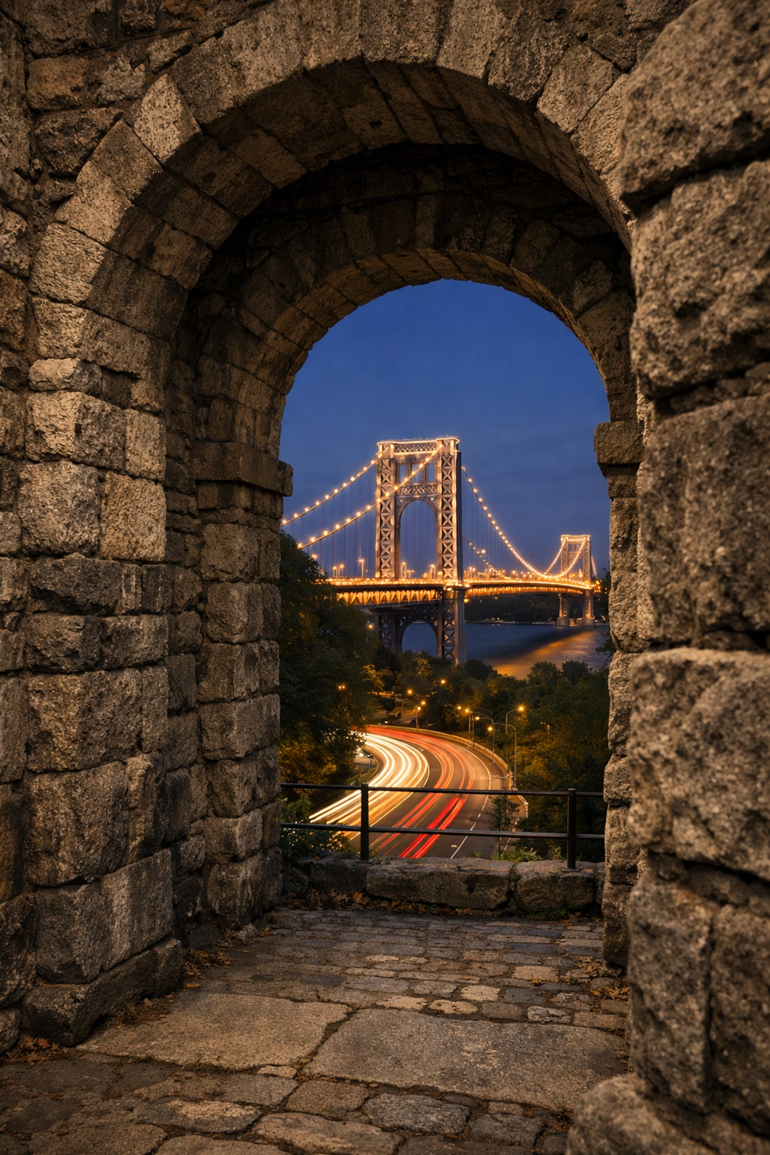 Stone arches at Fort Tryon Park overlooking the George Washington Bridge, a unique NYC photography location.