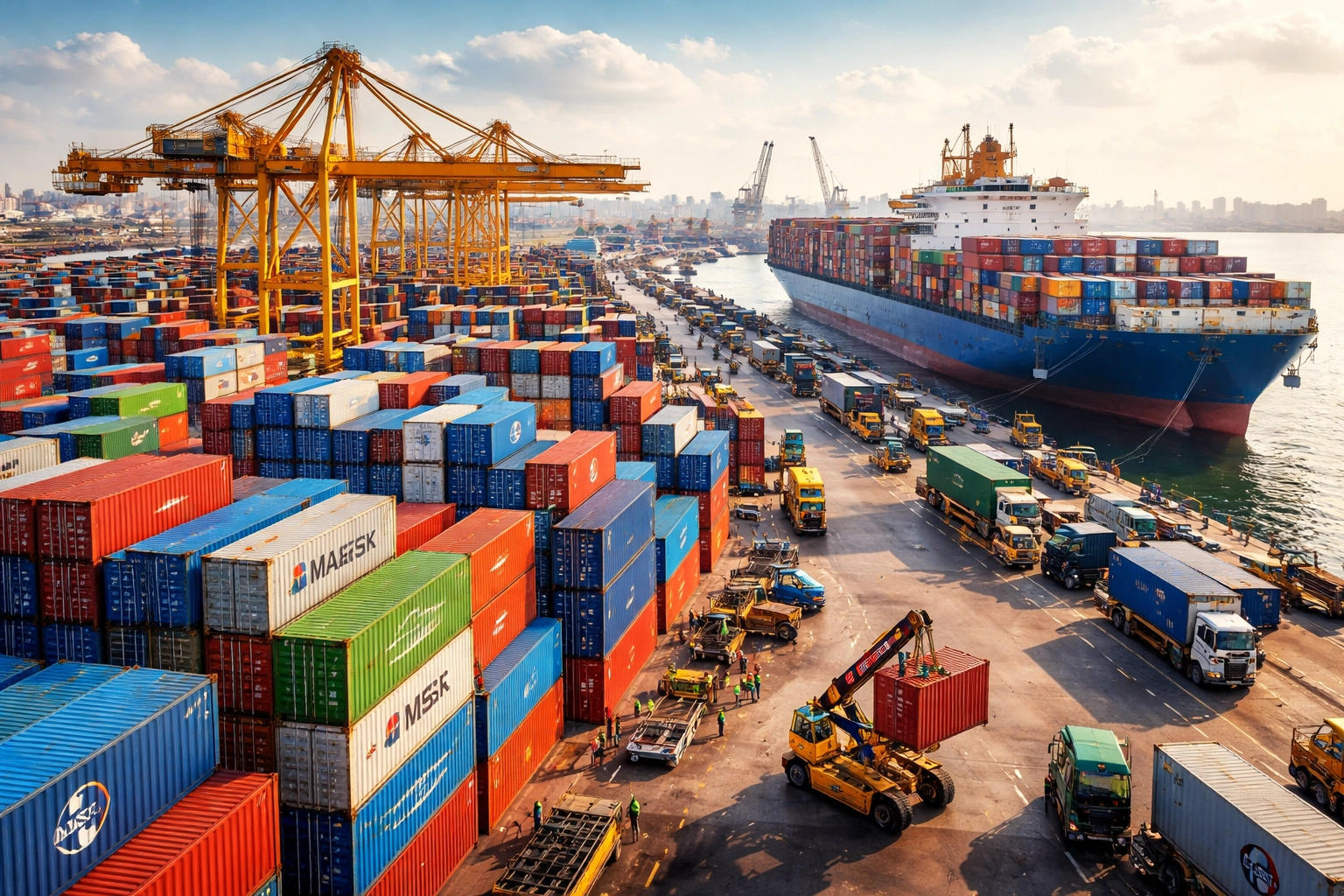 Busy Nigerian port with colorful shipping containers, showcasing PSI’s international shipping and door-to-door delivery services.