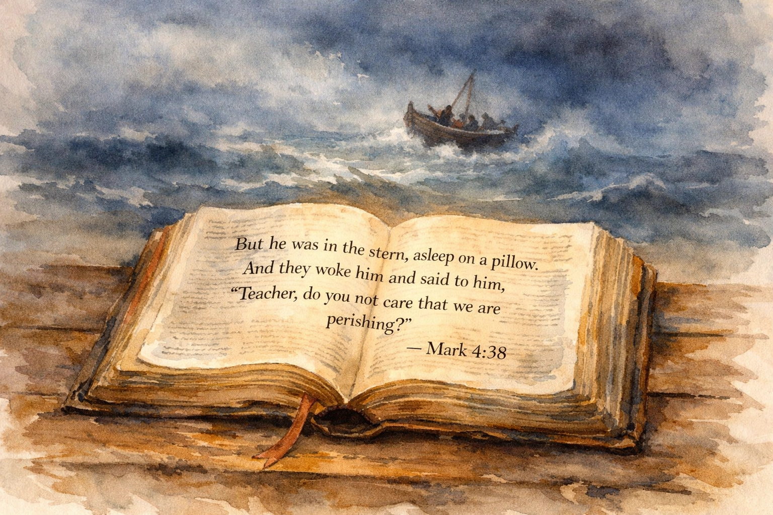 Open Bible showing Mark 4:38 with stormy sea background illustrating peace amid chaos