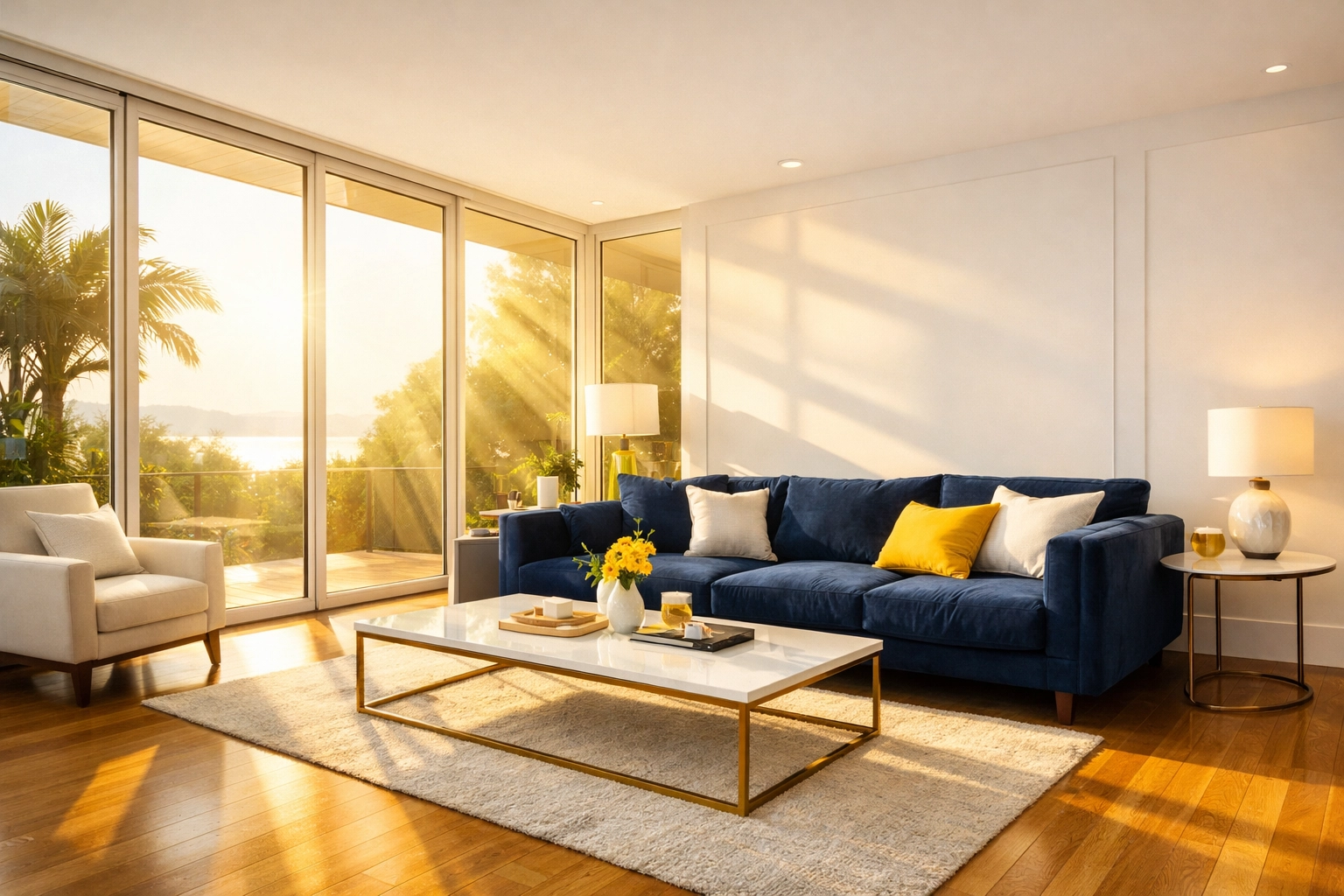 Sun-drenched living room showing improved indoor air quality from green cleaning services near me.