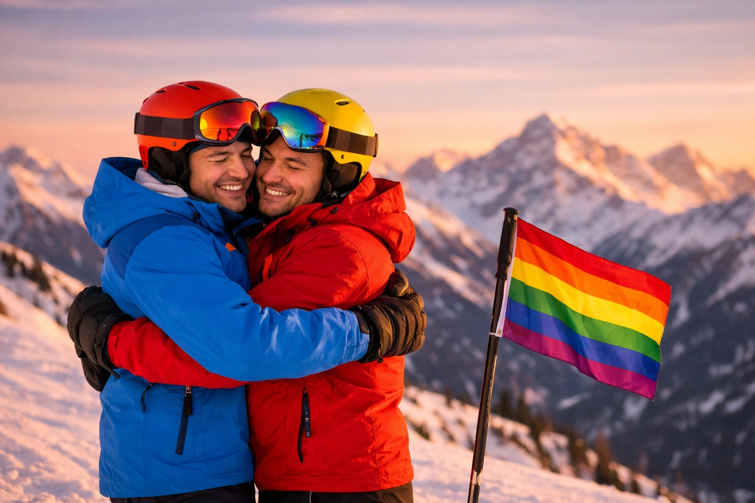 Gay couple embracing on snowy mountain slope at gay-friendly ski resort with rainbow pride flag