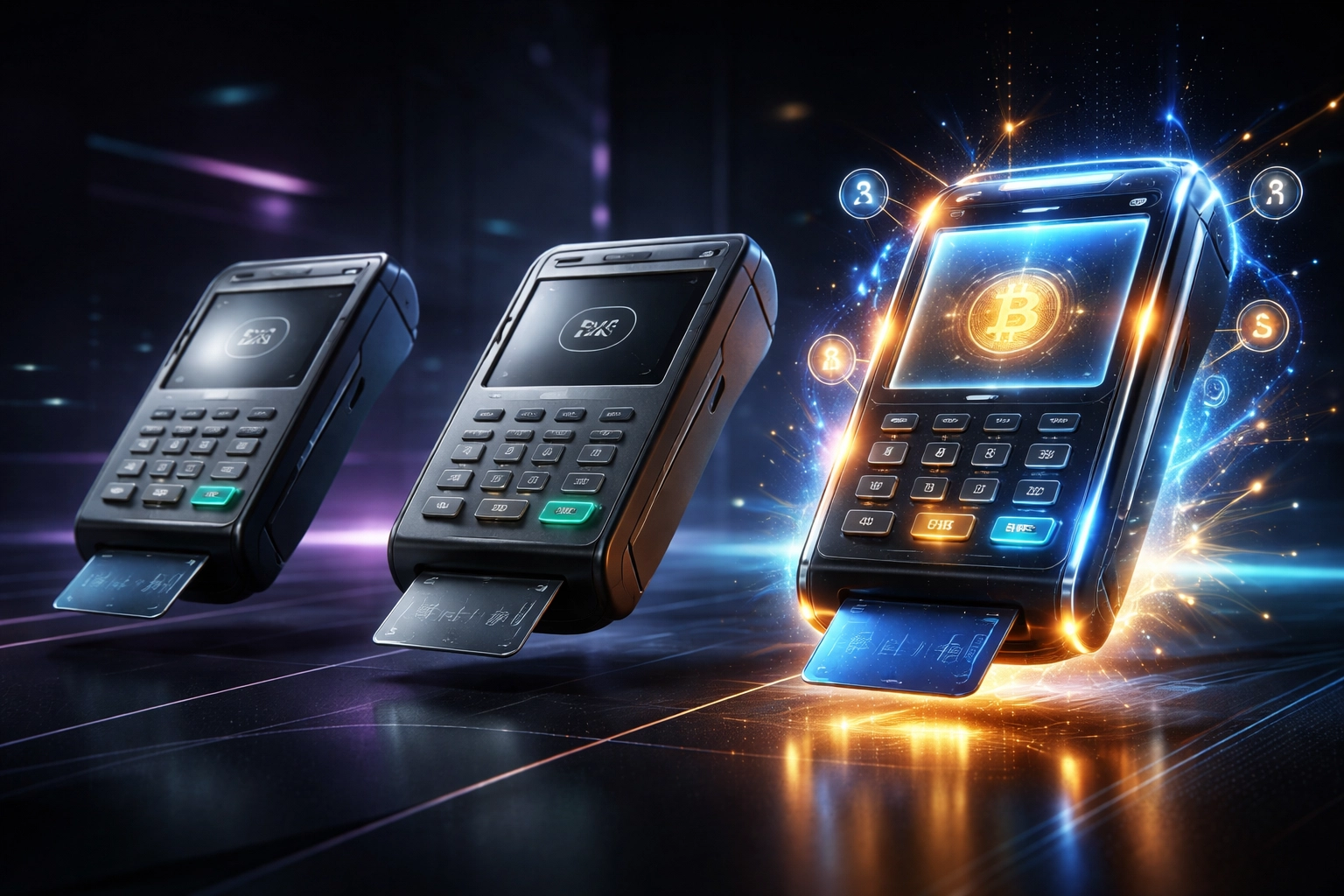 Three digital payment terminals highlight the difference between legacy and modern crypto POS systems in a dark tech setting.