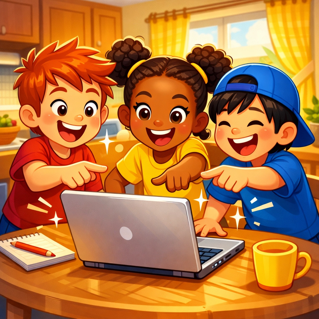 Kids gathered around laptop helping select new bounce house rentals for the business