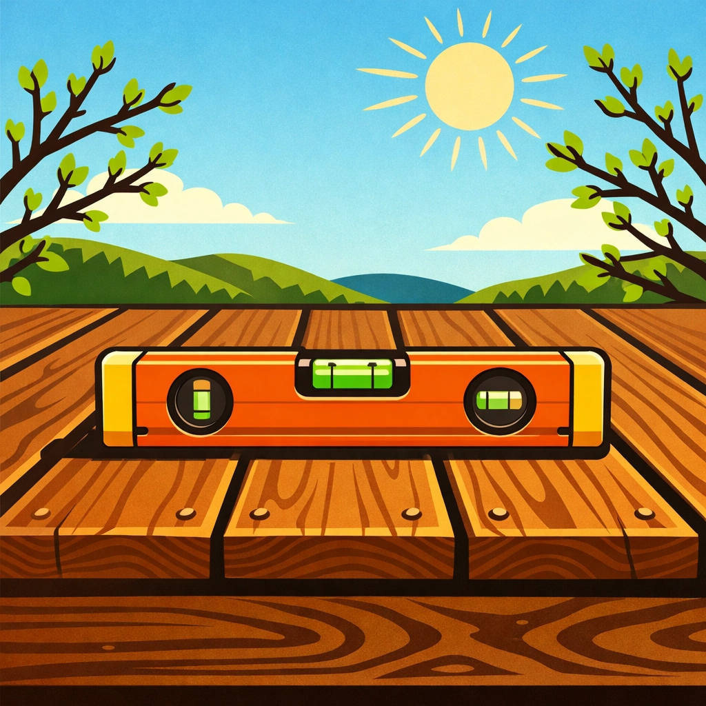 Professional deck repair in Northwood NH showing a level on wood boards for spring maintenance.