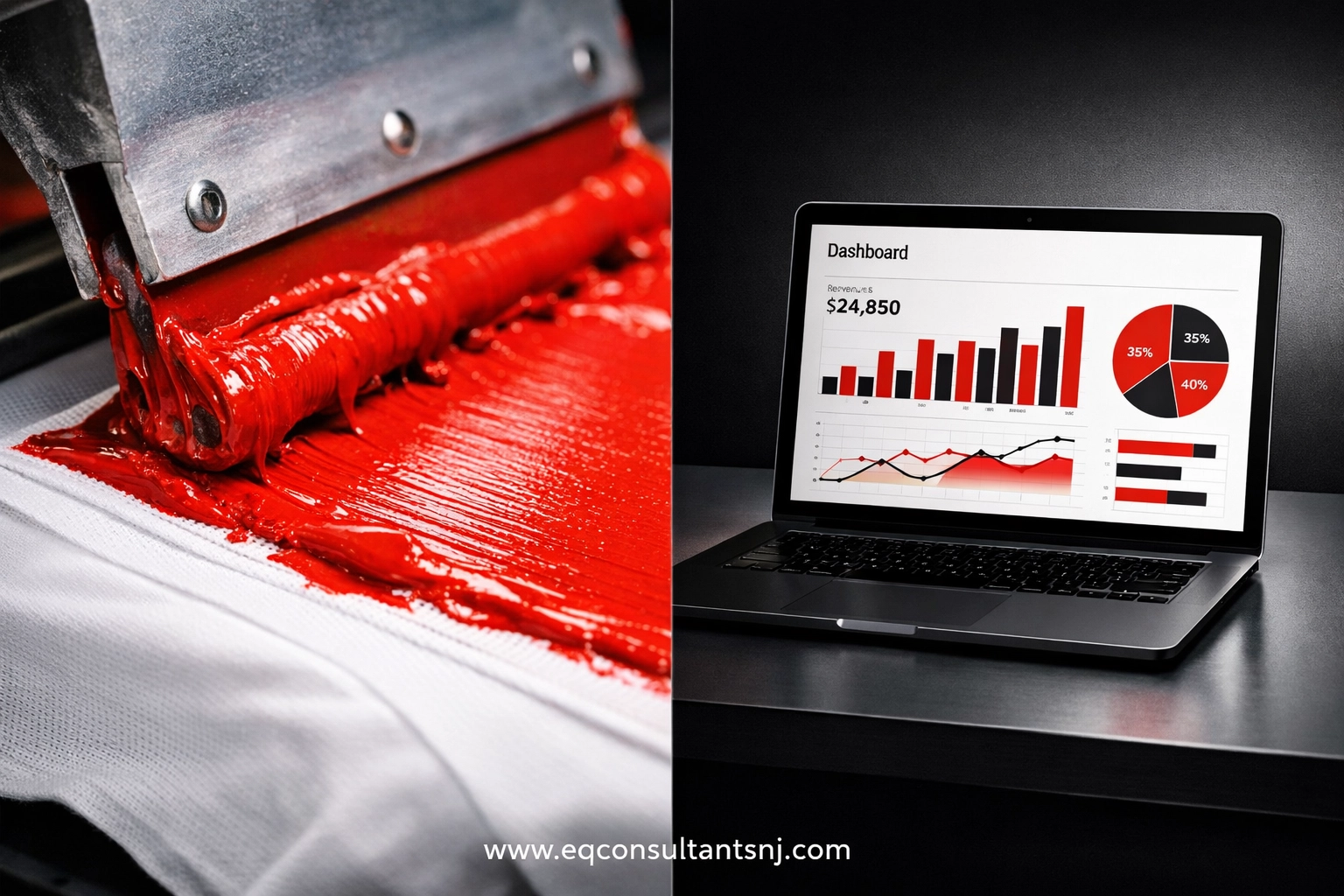 Professional screen printing process alongside a QuickBooks dashboard tracking real-time project profits.