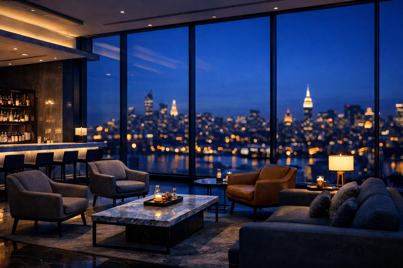 Modern hotel lounge at night, illustrating data-driven revenue management and market demand forecasting.