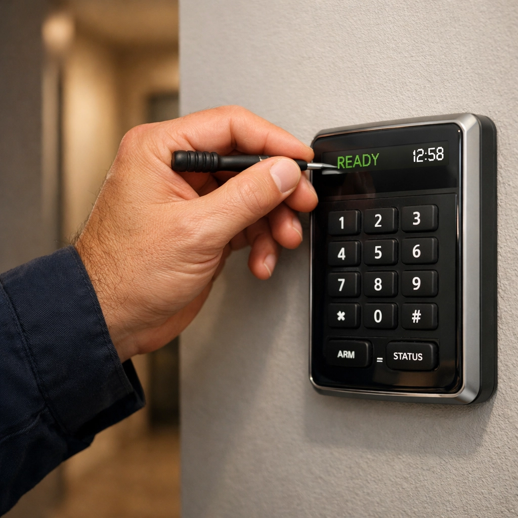 Professional technician performing maintenance on a wall-mounted intruder alarm keypad in Trowbridge.