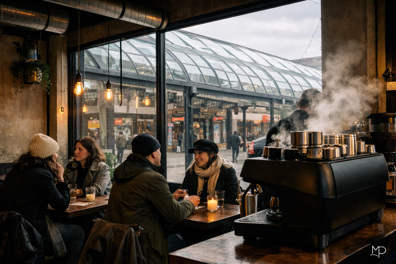 Cozy interior of a trendy Montreal cafe on Plaza St-Hubert during late winter.