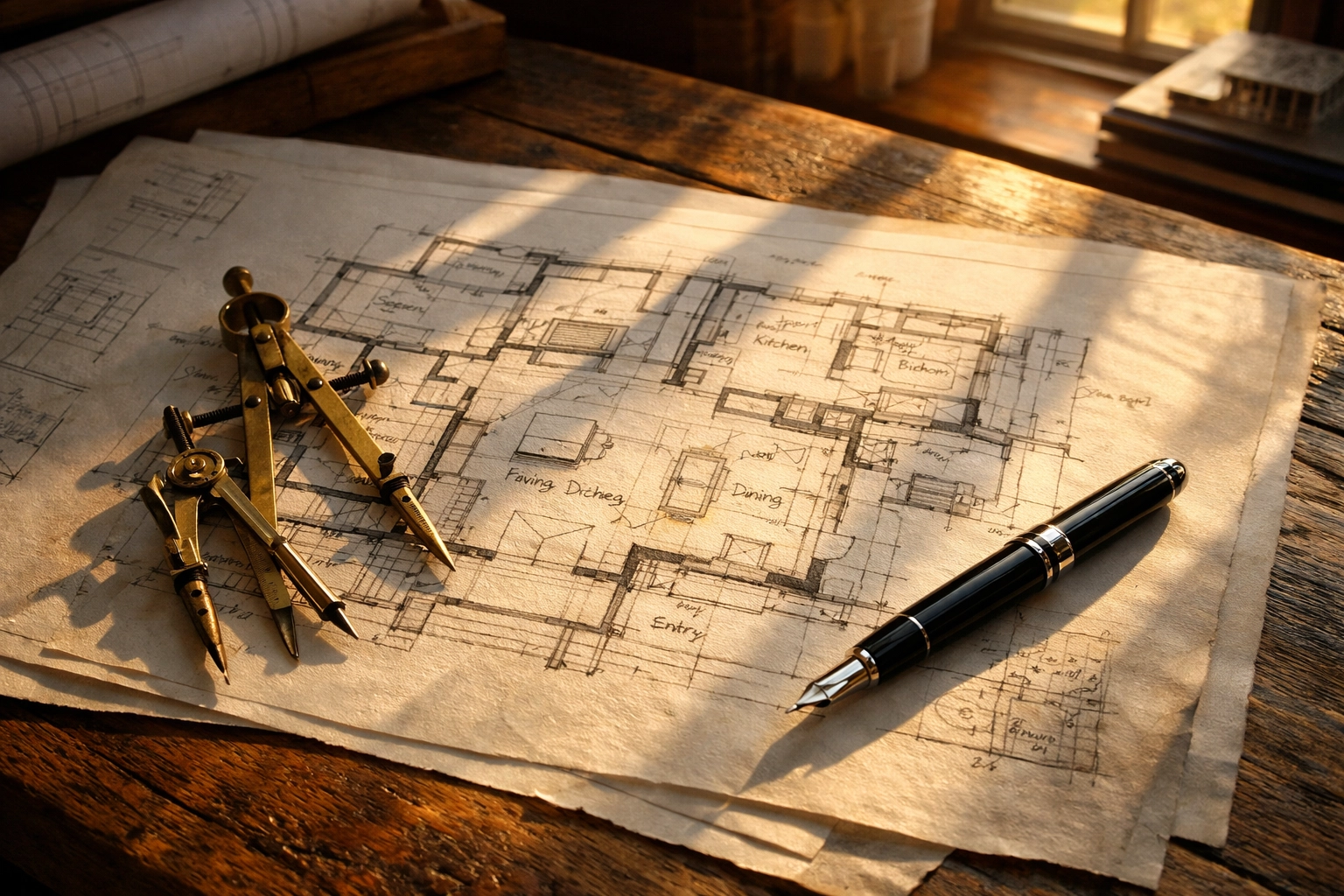 Architectural floor plans and drafting tools on a desk representing the initial design phase of a home renovation.