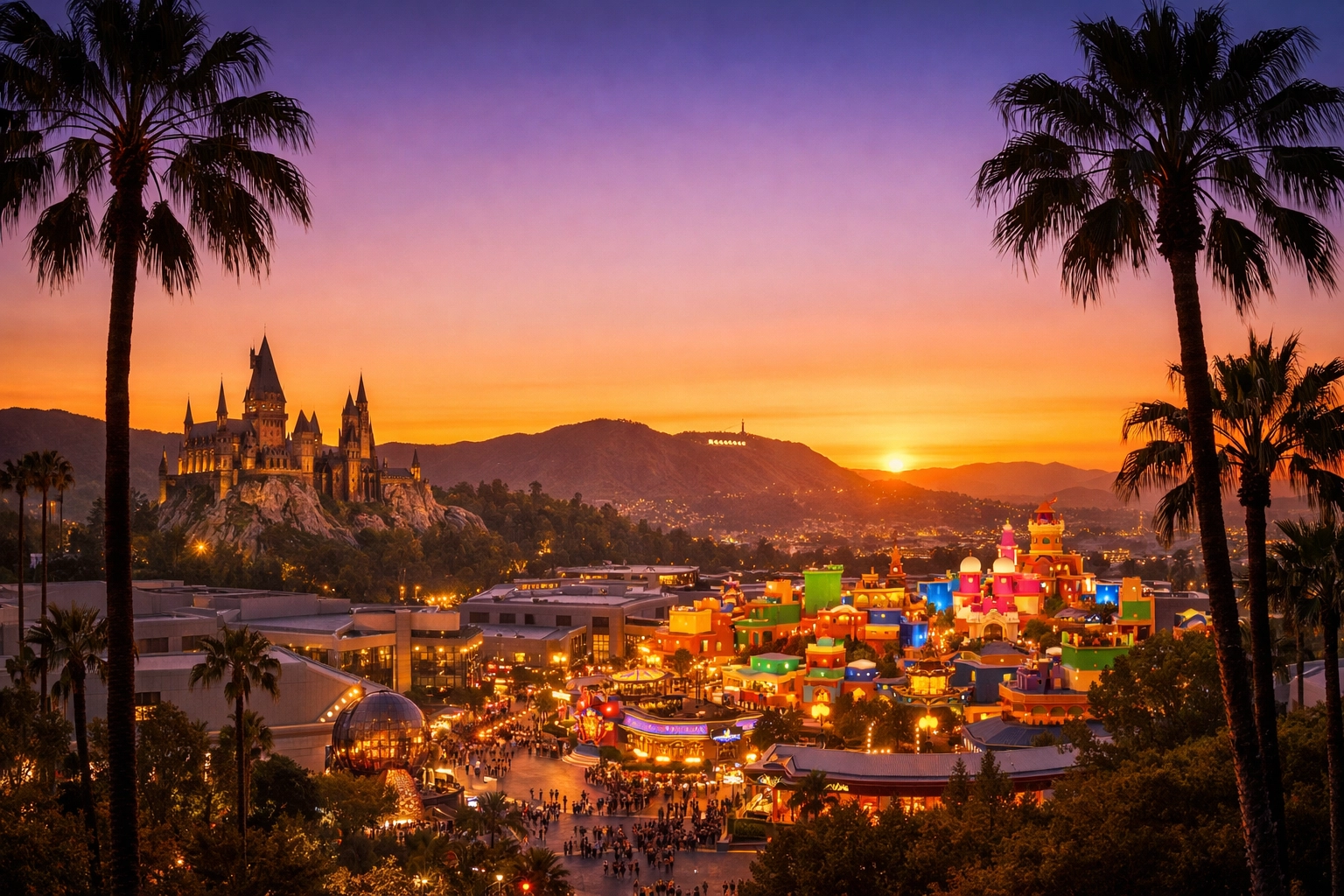 Cinematic golden hour panoramic view of Universal Studios Hollywood park, highlighting its diverse photo spots.