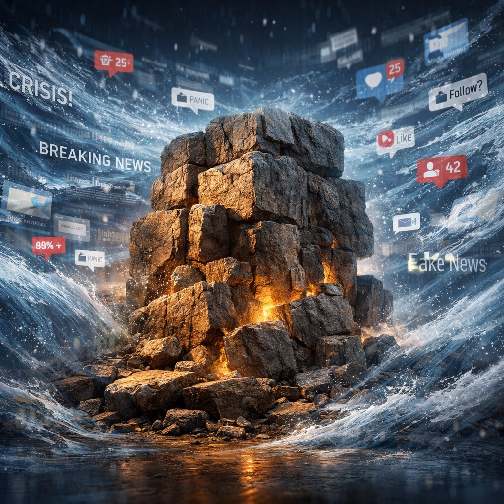 Strong biblical foundation standing firm amid swirling chaos of news and digital noise