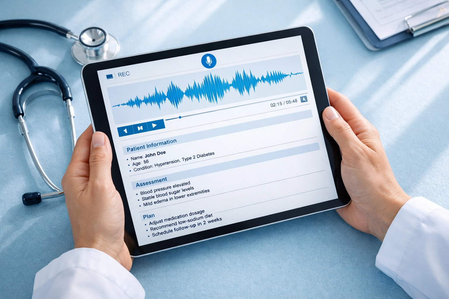 Healthcare provider using AI clinical documentation software on tablet with medical notes and stethoscope