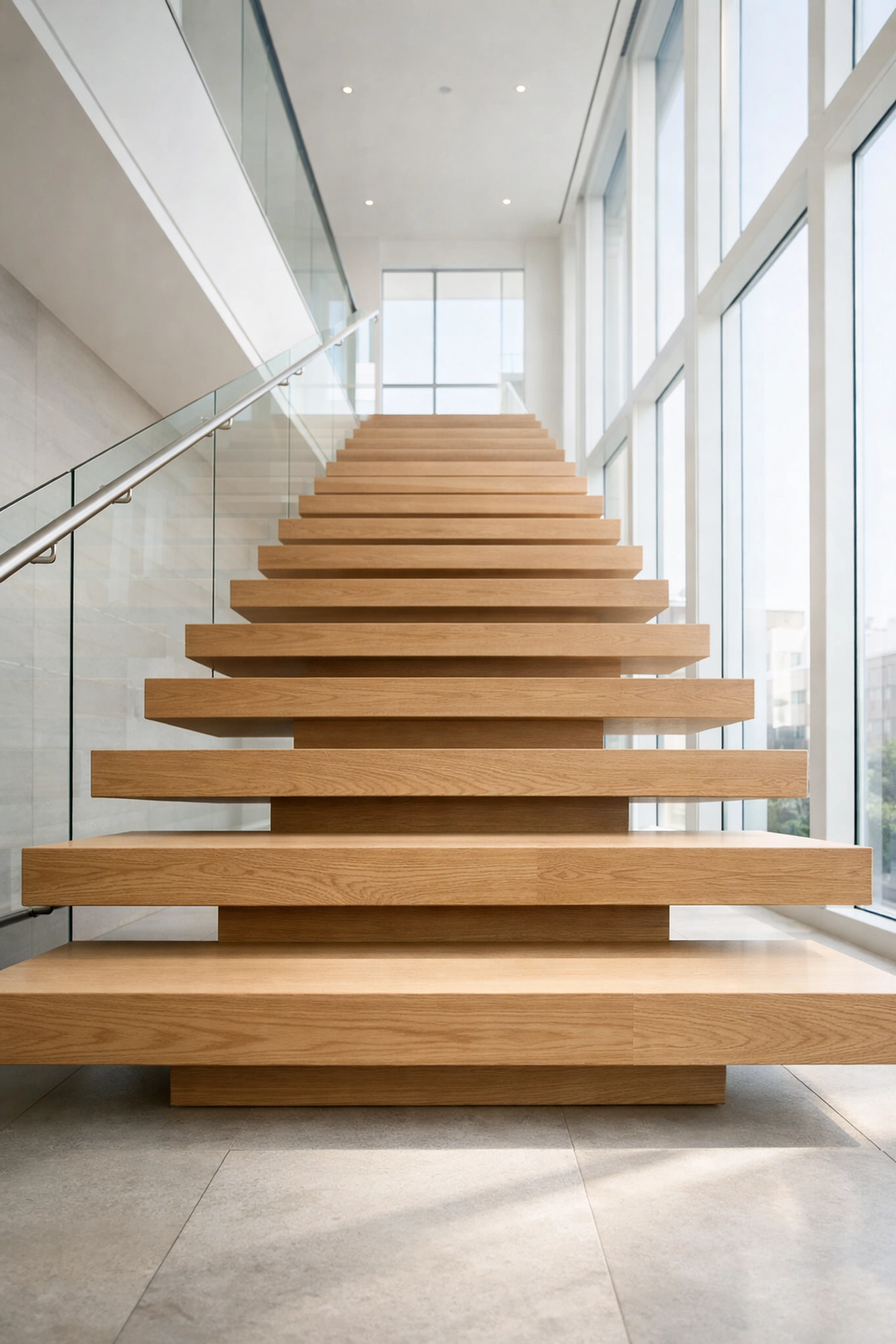 Minimalist wooden staircase in a professional lobby symbolizing the progression of federal tax brackets.