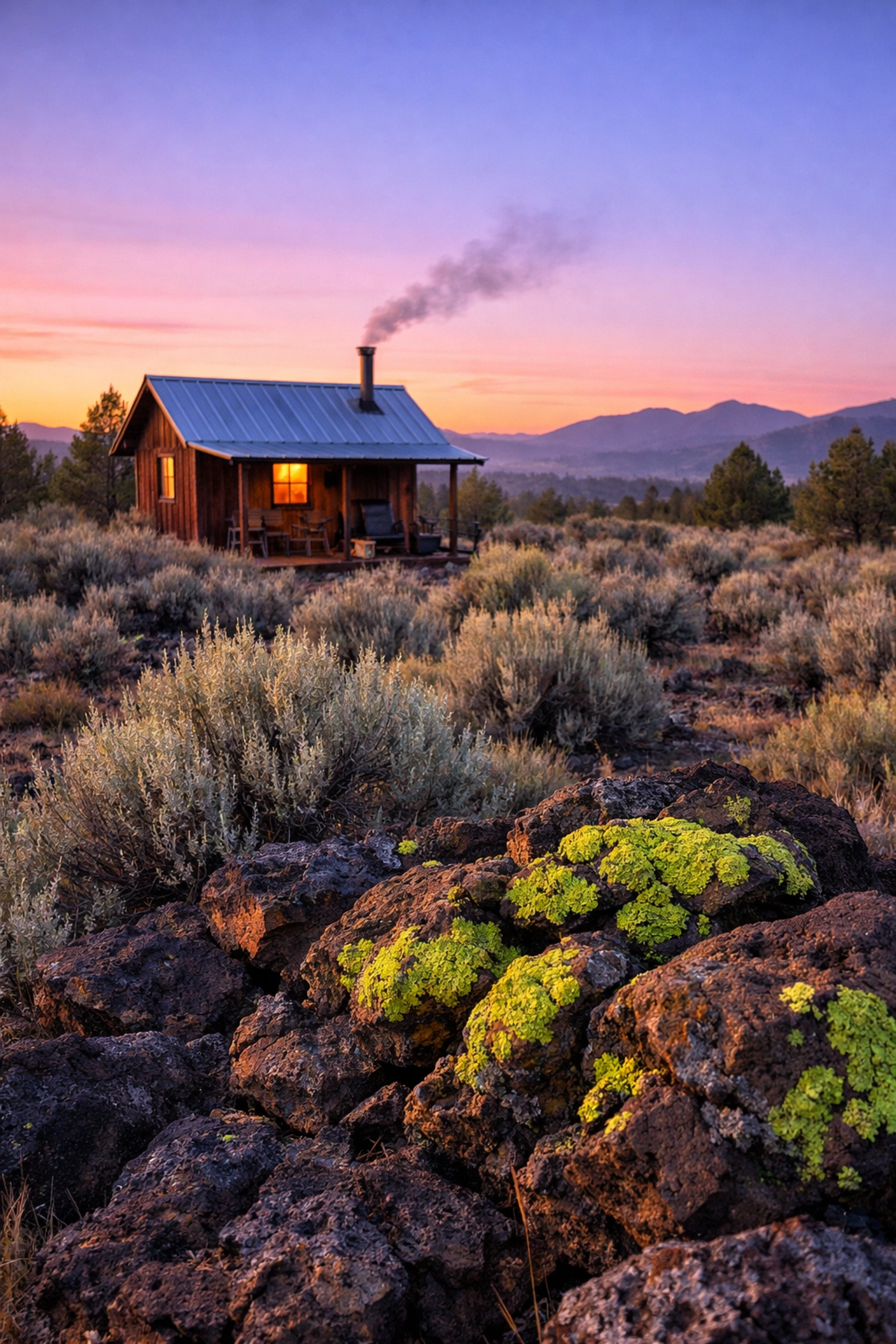 A peaceful off-grid homestead cabin in the high desert at sunrise, illustrating the serenity of sustainable living.