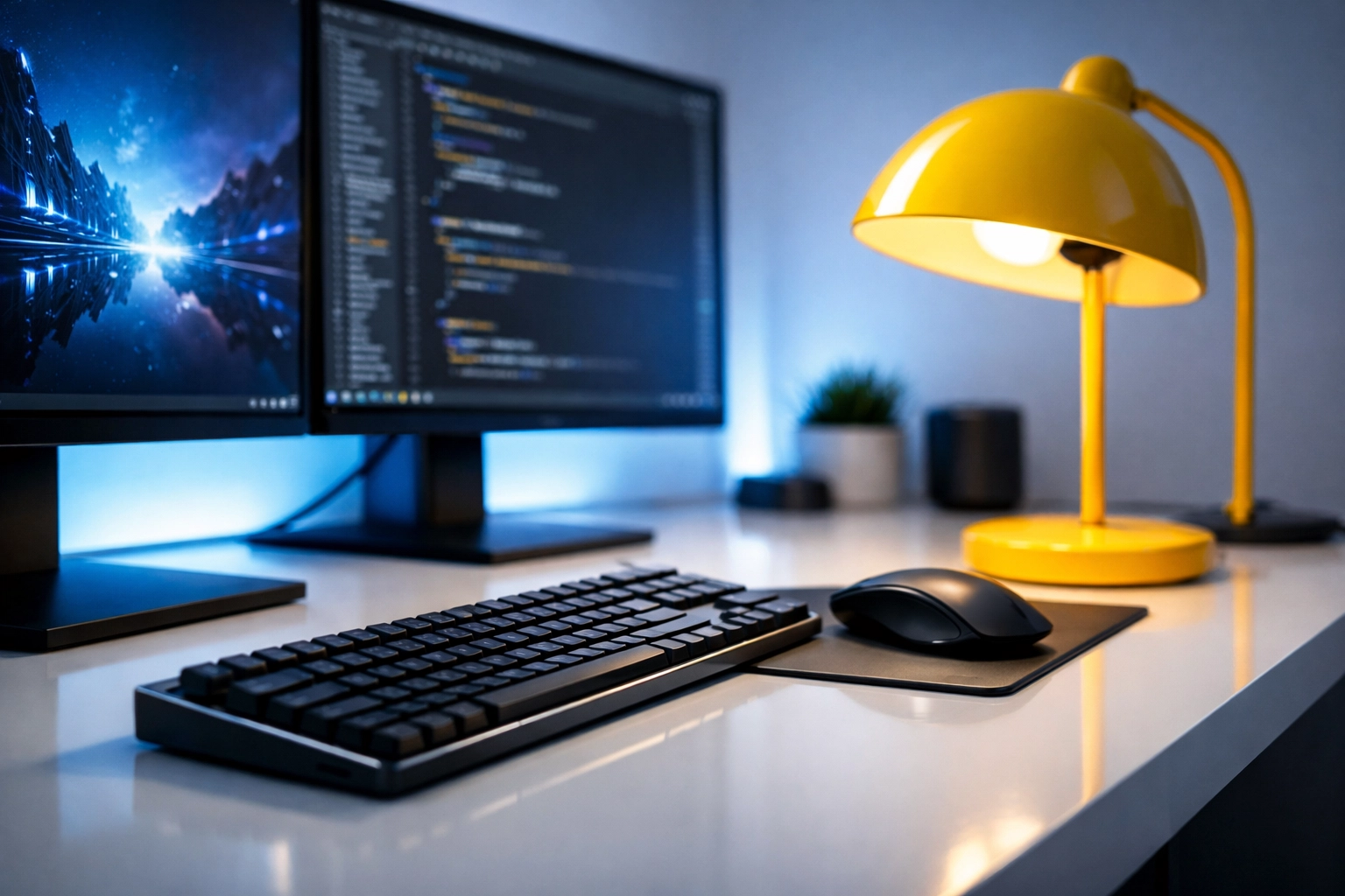 Dust-free modern workstation with dual monitors, highlighting professional commercial janitorial services.