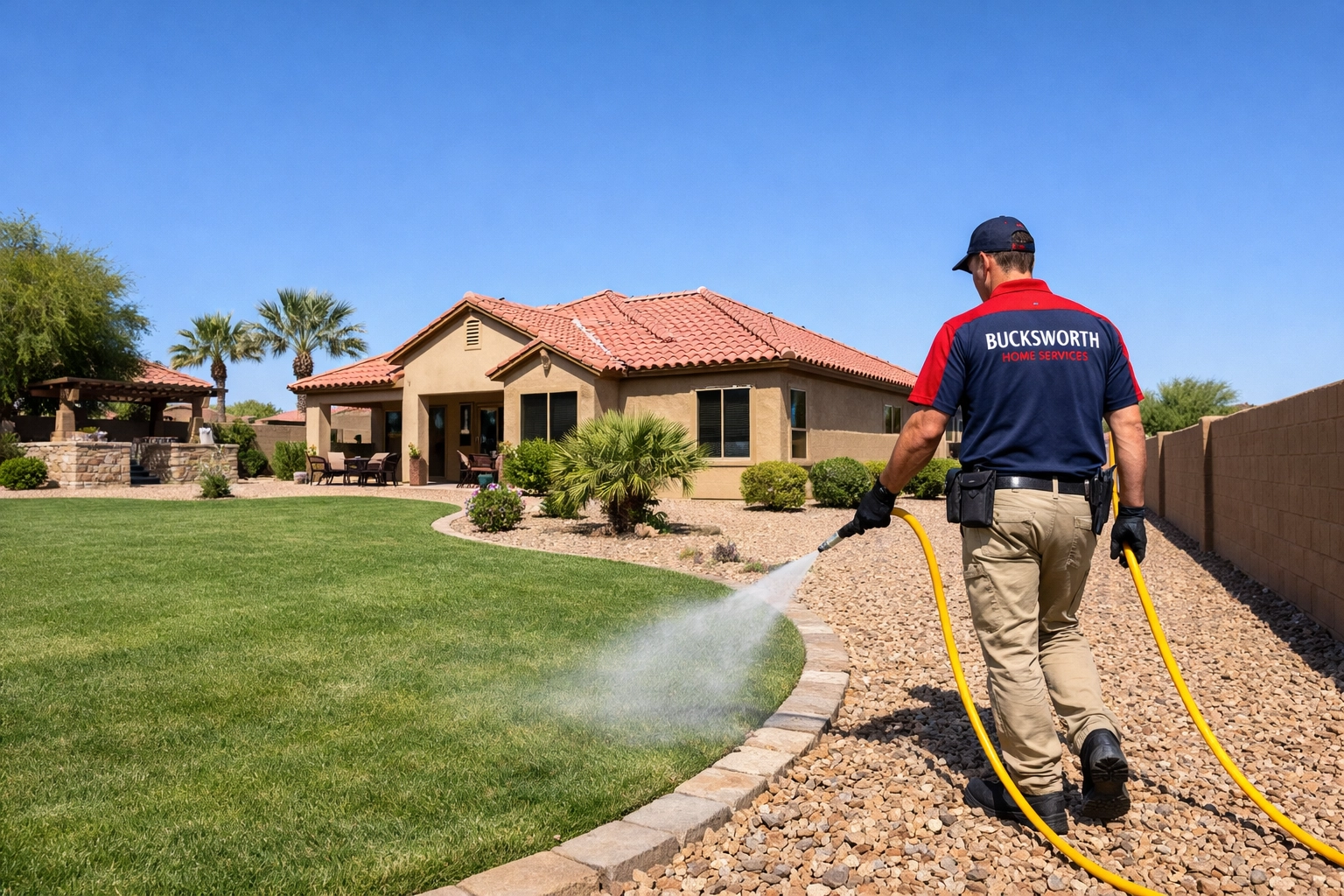 Professional pre-emergent weed control application at a Gilbert home in the Power Ranch neighborhood.