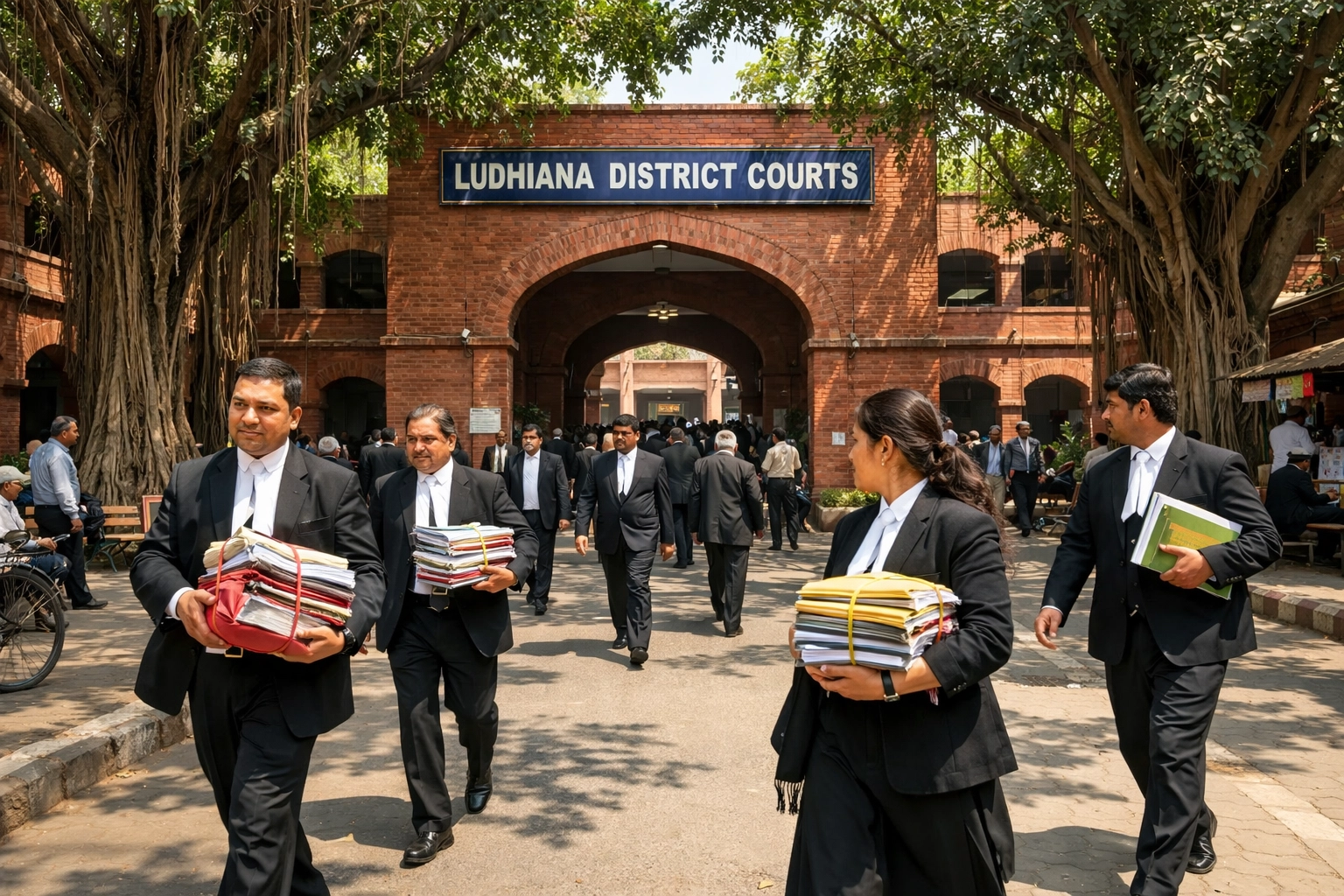 Advocates walking at the Ludhiana District Court complex representing clients in local Punjab legal cases.
