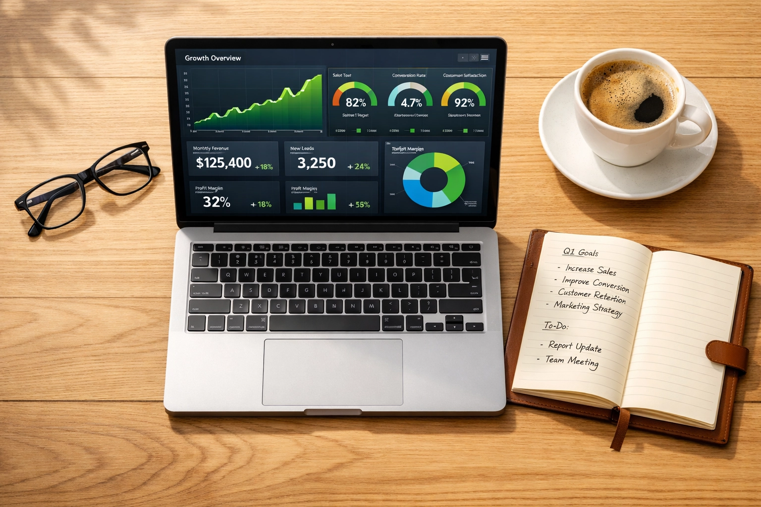 Professional dashboard displaying ITOM performance metrics and ServiceNow ROI growth trends.