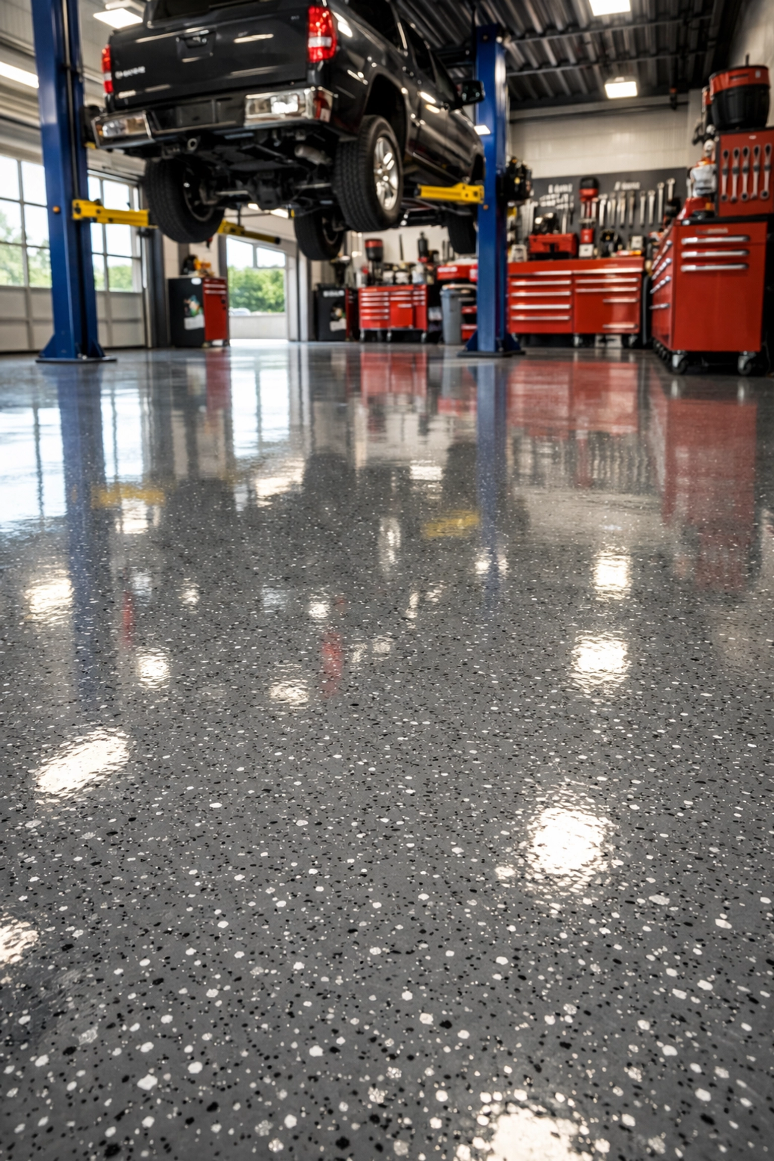 Professional polyaspartic floor coating in Brandon MS auto shop with reflective finish