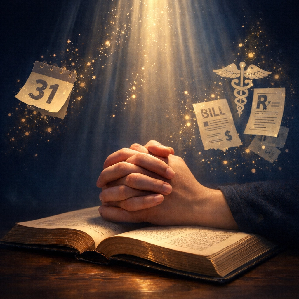 Praying hands on open Bible releasing worries and anxiety through nighttime prayer