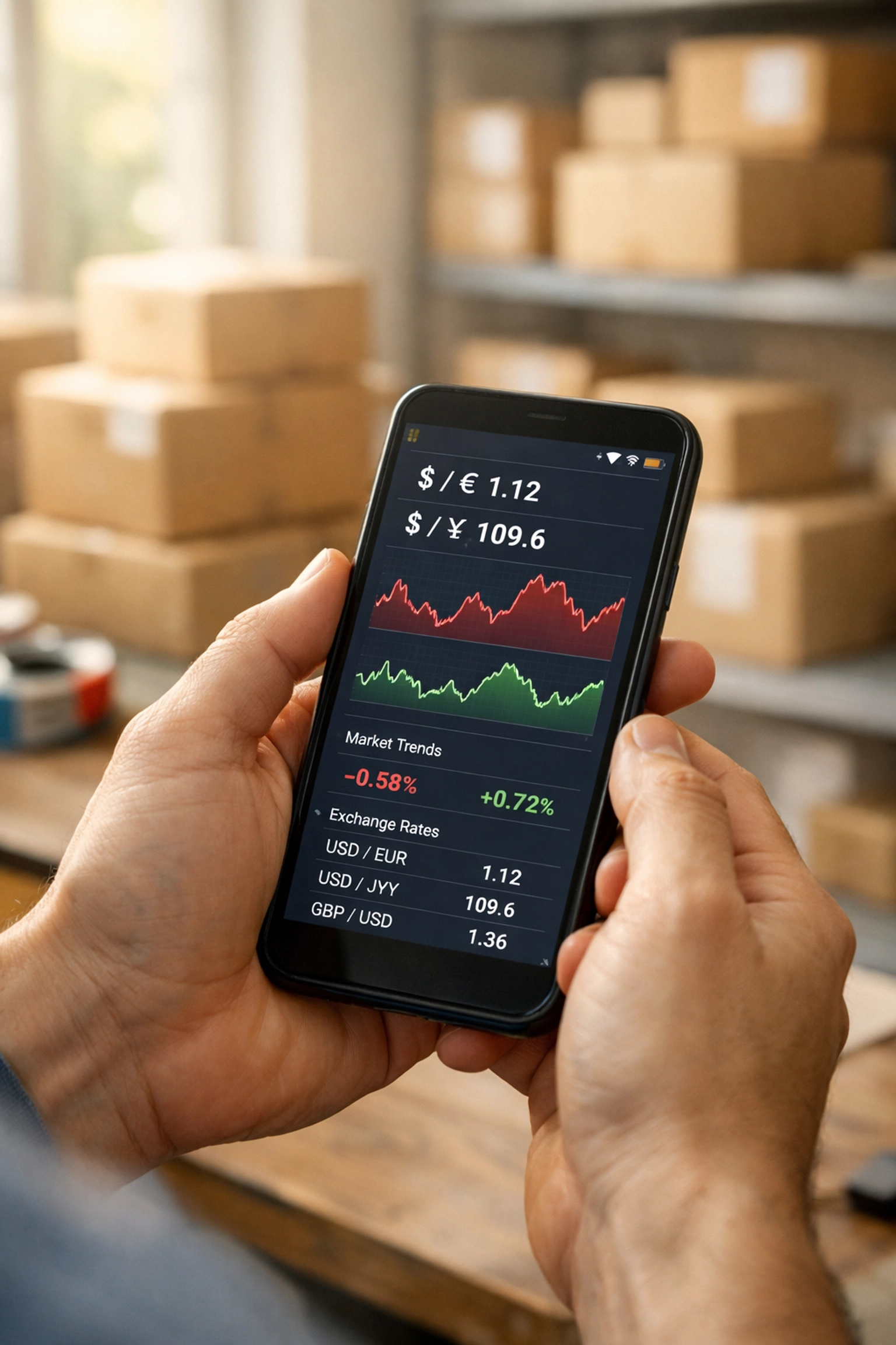 Business owner checking currency exchange rates on smartphone with warehouse inventory in background