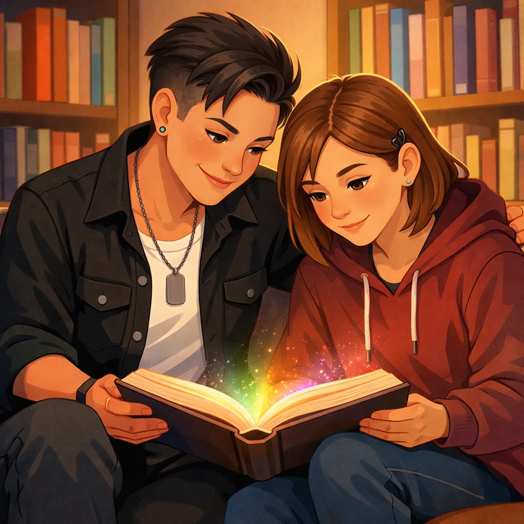 A queer aunt reading with her niece in a bookstore, sharing the magic of LGBTQ+ books and diverse stories.