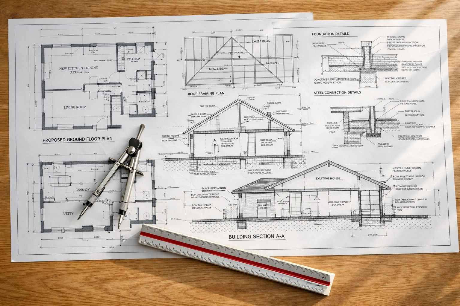 Architectural blueprints and structural plans for a home extension in London and Surrey.