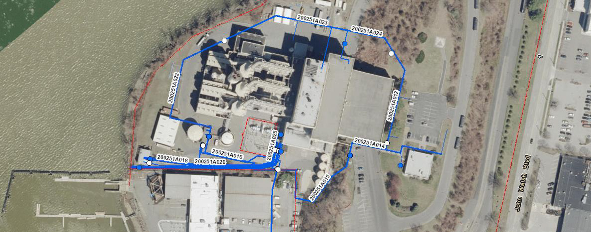 Aerial map of industrial facility along John Walsh Blvd