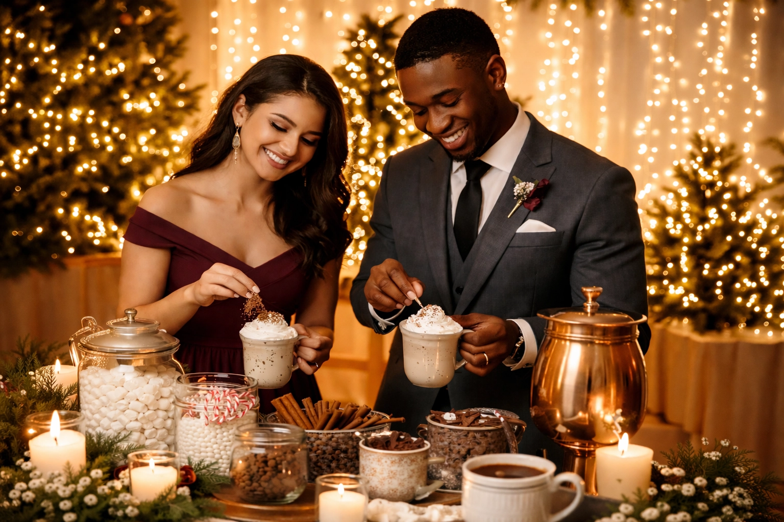 Hot cocoa bar at a winter wedding reception with smiling guests adding toppings, copper and marshmallow decor