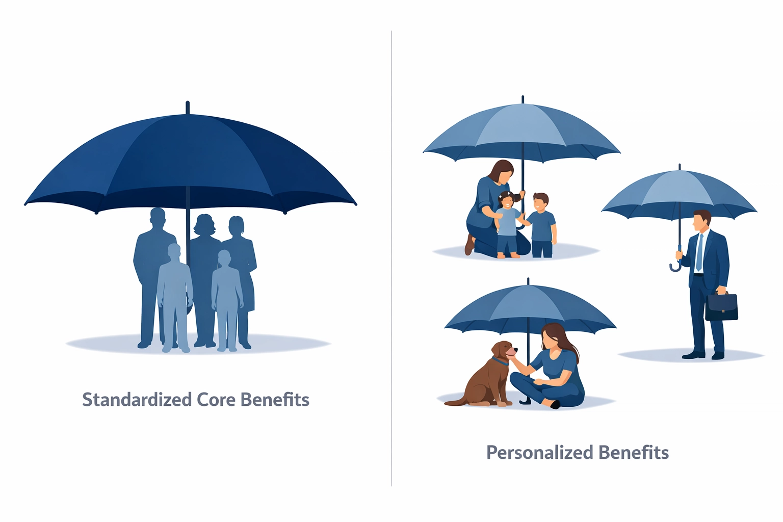 Umbrella comparison showing core benefits covering all employees vs voluntary benefits for individuals