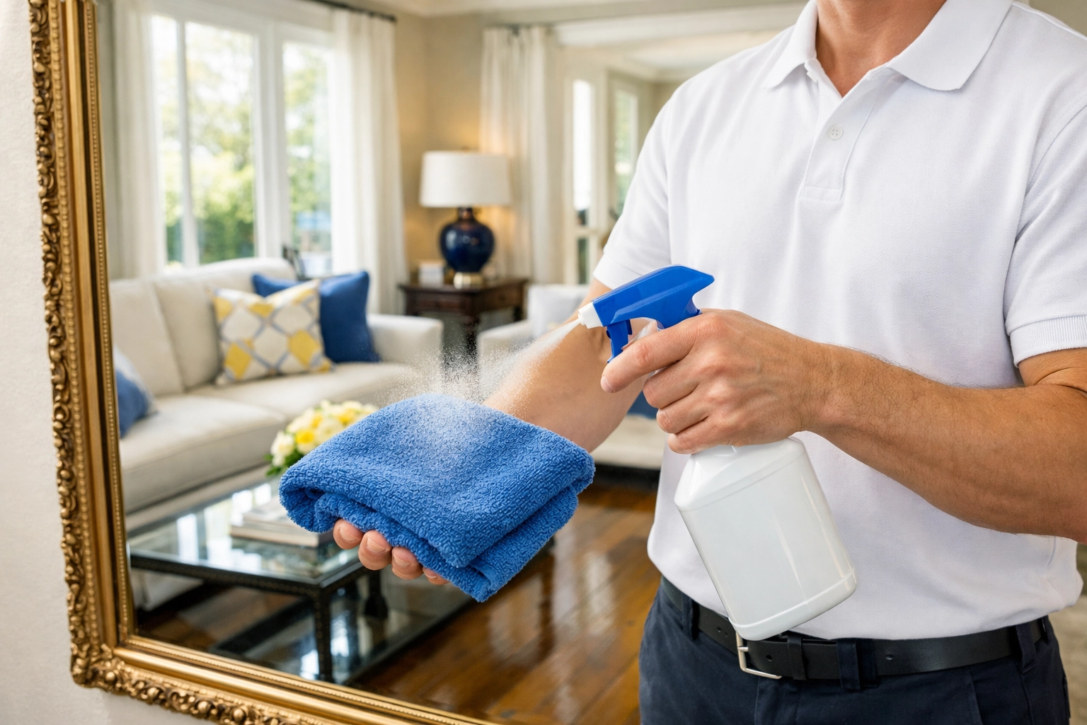 A professional cleaner spraying a cloth to protect surfaces during house cleaning in Ashby MA.