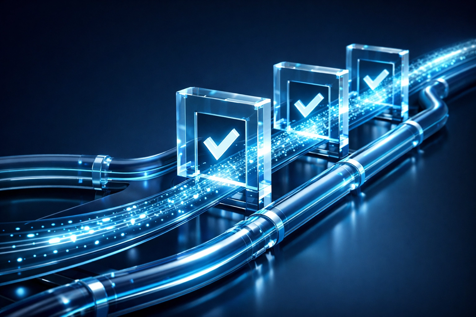 Abstract digital data pipeline showing secure and validated information flow for AI automation systems.